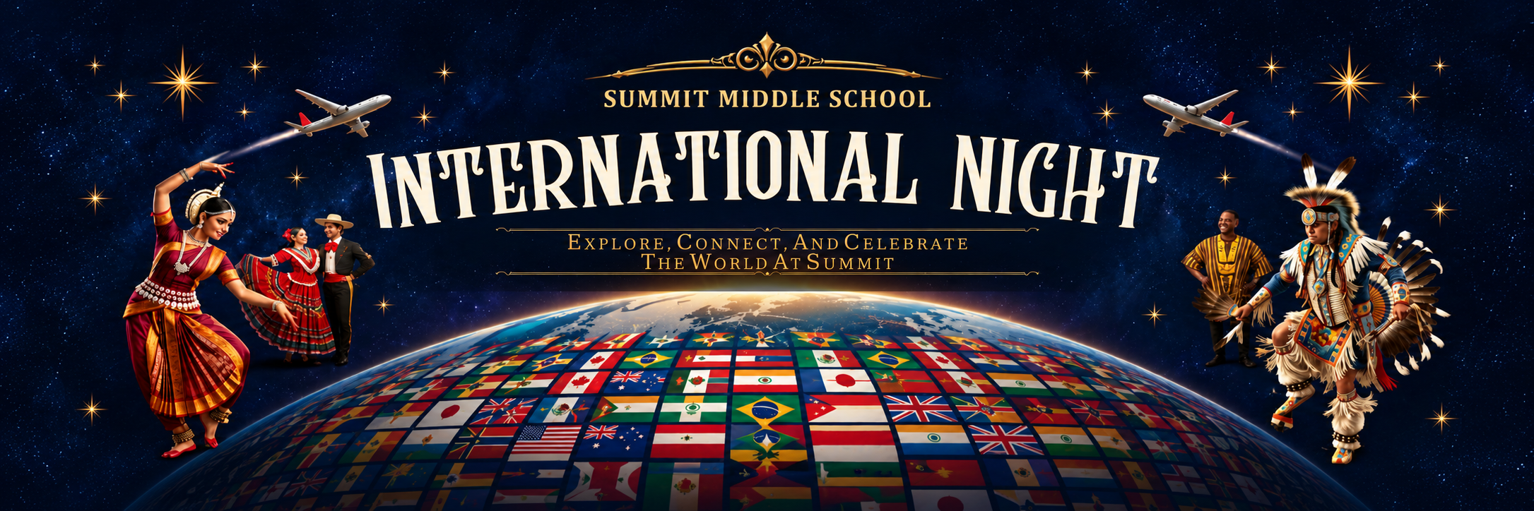 International Night at Summit: Explore, Connect, and Celebrate the World at Summit, with a globe of flags and performers.